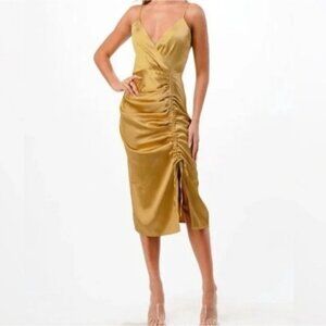 Dance & Marvel Dance With Me Gold Ruched Midi Dress Medium New Party Holiday